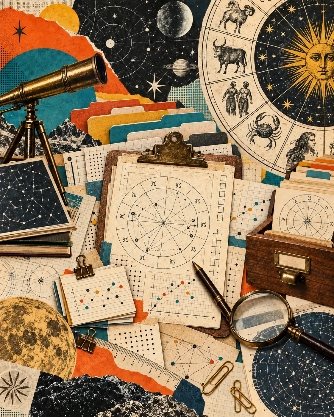 Vintage LLZ research collage with a birth chart clipboard, scoring sheets, study folders, telescope and zodiac wheel