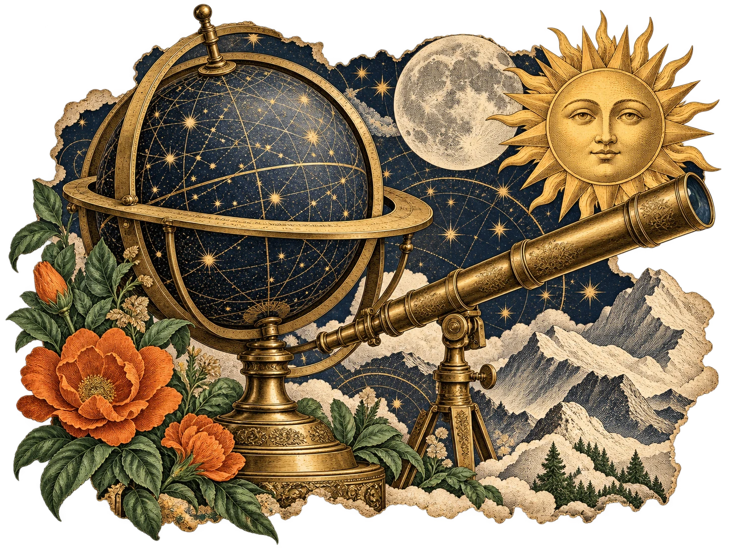 A celestial globe, telescope, Sun and Moon surrounded by mountains and orange flowers.